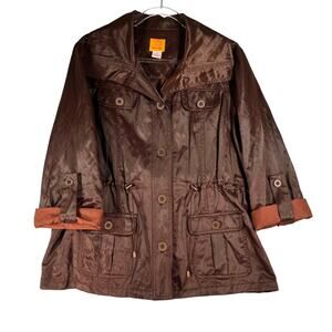Ruby Rd. Jacket Women's 16 Metallic Brown Drawstring Waist Large Collar Pockets